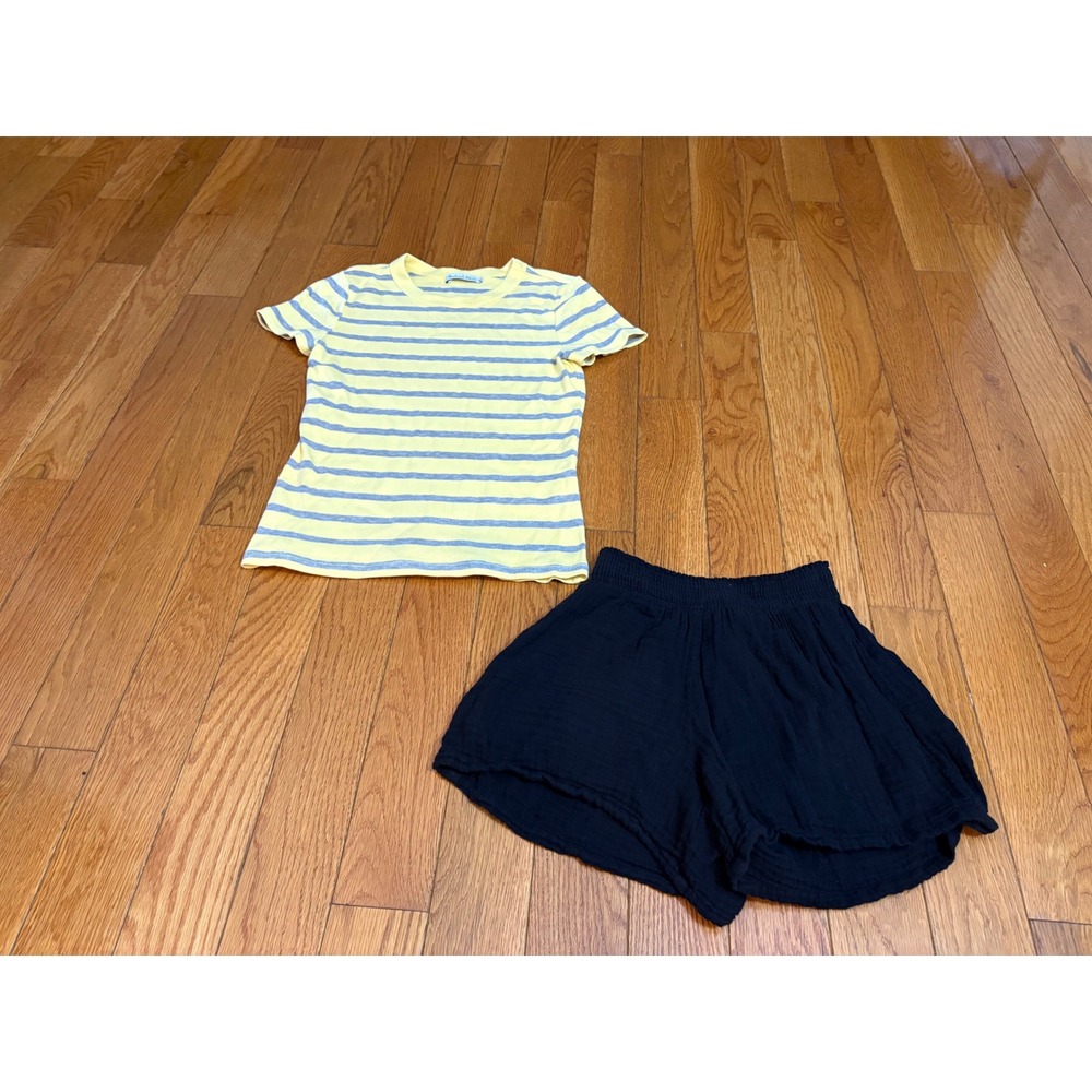 Michael Stars Womens Striped Tee and Gauze Shorts 2 Piece Set Yellow Black XS